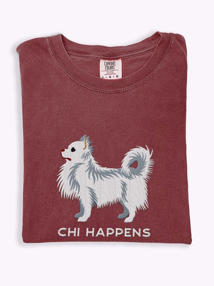 Chi Happens T-Shirt(Embroidered) of a Longhaired Chihuahua(White) product image (1)
