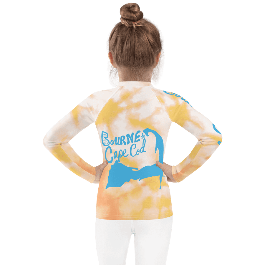 Girls' | Little KIDS | Rash Guard | BRN.2C.C.™ Front Print | BOURNE to Cape Cod™ Back & Sleeve Logo | Coastal UV Shirt for Active Kids | Slim Fit Swim Top | Blue Logo on Orange Tie-Dye product image (2)