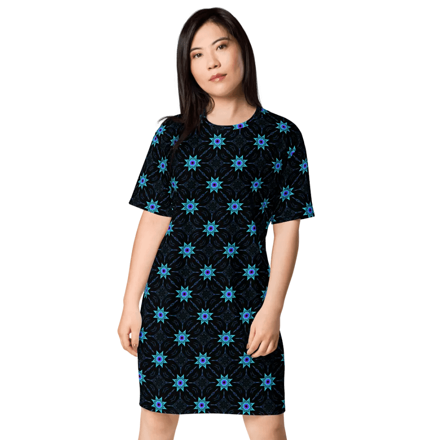 Abstract Repeating Turquoise Floral T Shirt Dress product image (2)