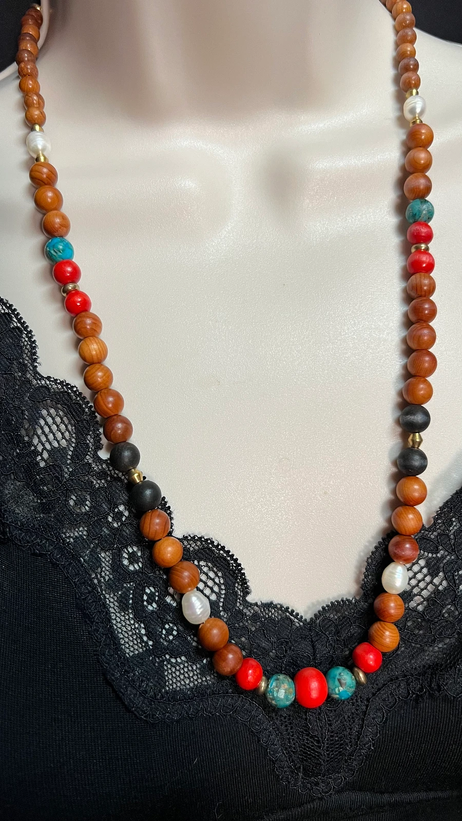 Necklace - Ebony, Sandalwood, and Freshwater Pearls product image (1)