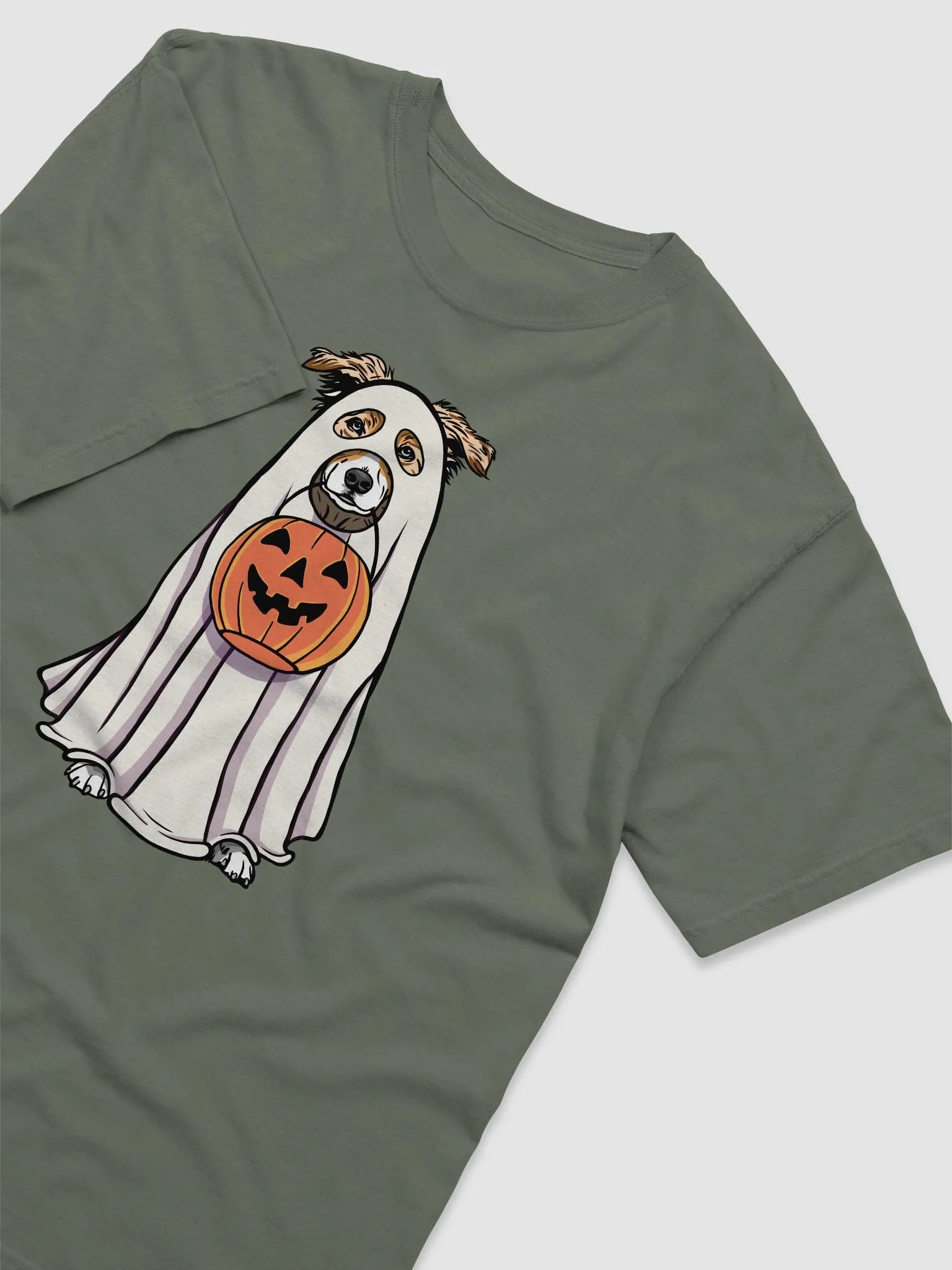 Funny Halloween Australian Shepherd(Red Merle)T-Shirt | Funny Aussie Wearing a Ghost Costume and Holding a Pumpkin Basket product image (10)
