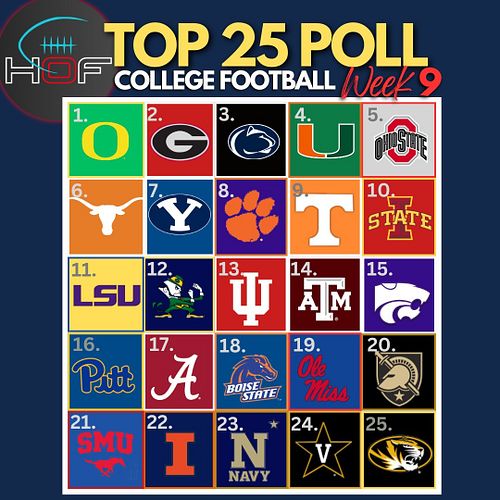 2024 HOF College Football Poll | Week 9
#collegefootball #CFP #Top25 #HOFCollegeFootball #SEC #B1G
#ACC #BigXII #cfb