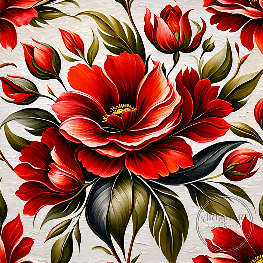 Seamless Pattern - Painted Red Roses on White product image (1)
