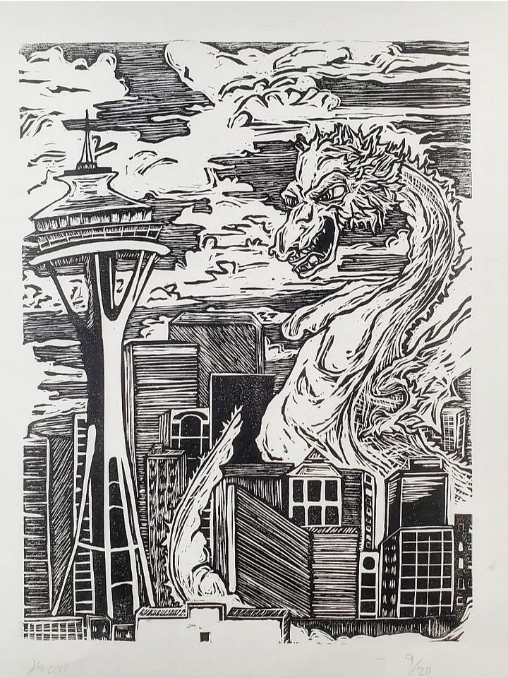 Kaiju Dragon in Seattle Linocut Print product image (1)