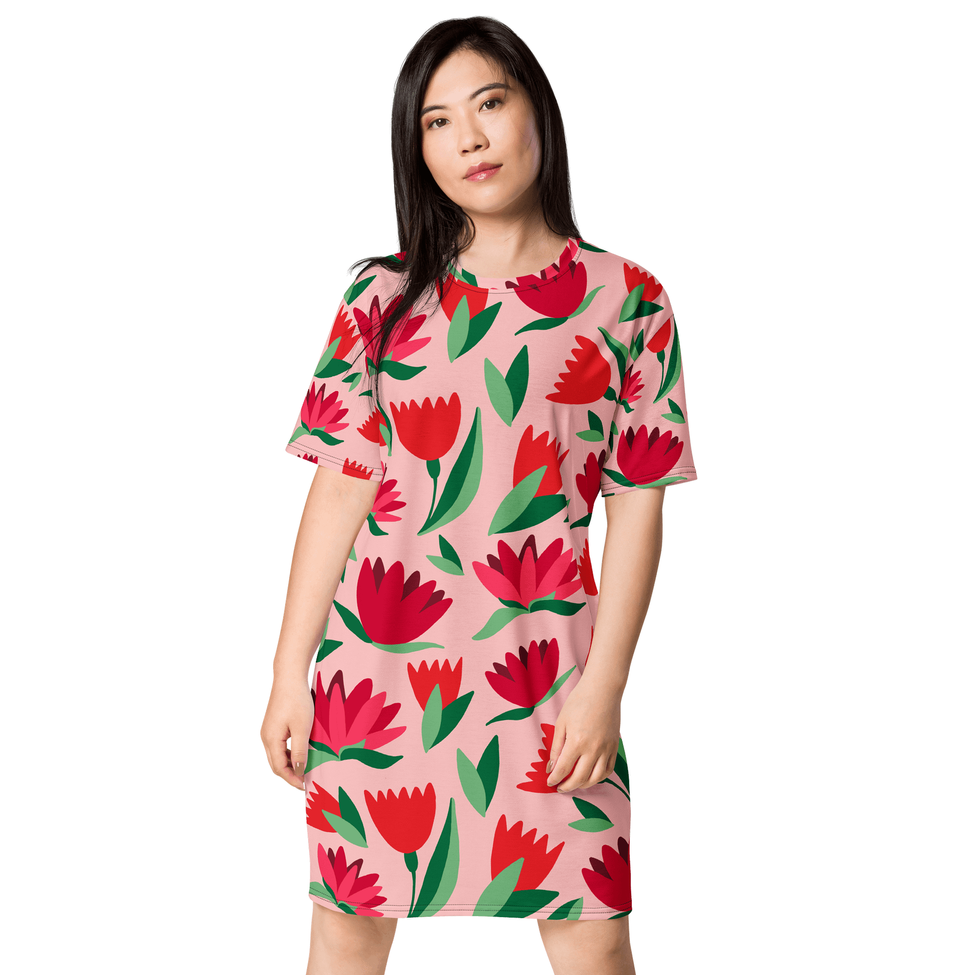Vibrant Pink Floral T-Shirt Dress - Oversized Trendy Design | TDSMUSIC.com product image (1)