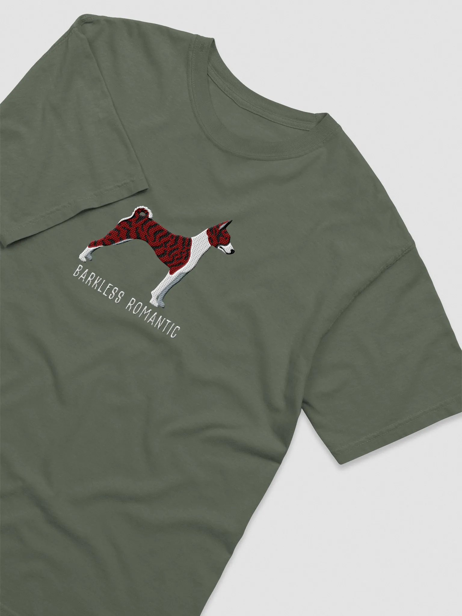 Barkless Romantic T-Shirt(Embroidered) of a Basenji(Brindle) product image (6)