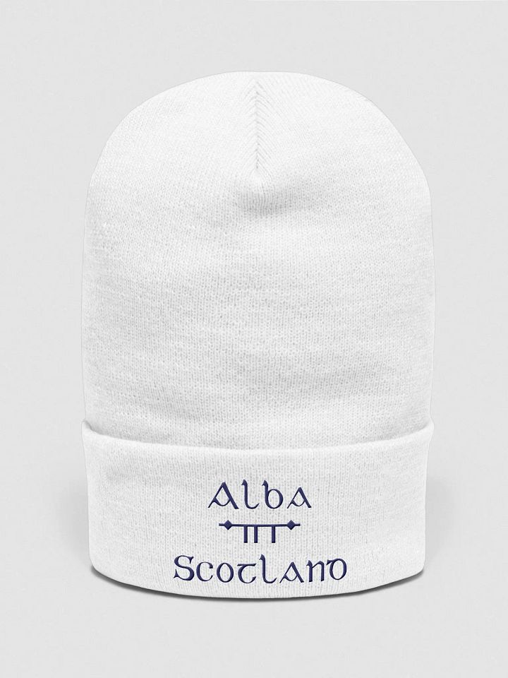 Scotland/Alba Orthodox style Ogham, white with navy, embroidered Cuffed Beanie product image (1)