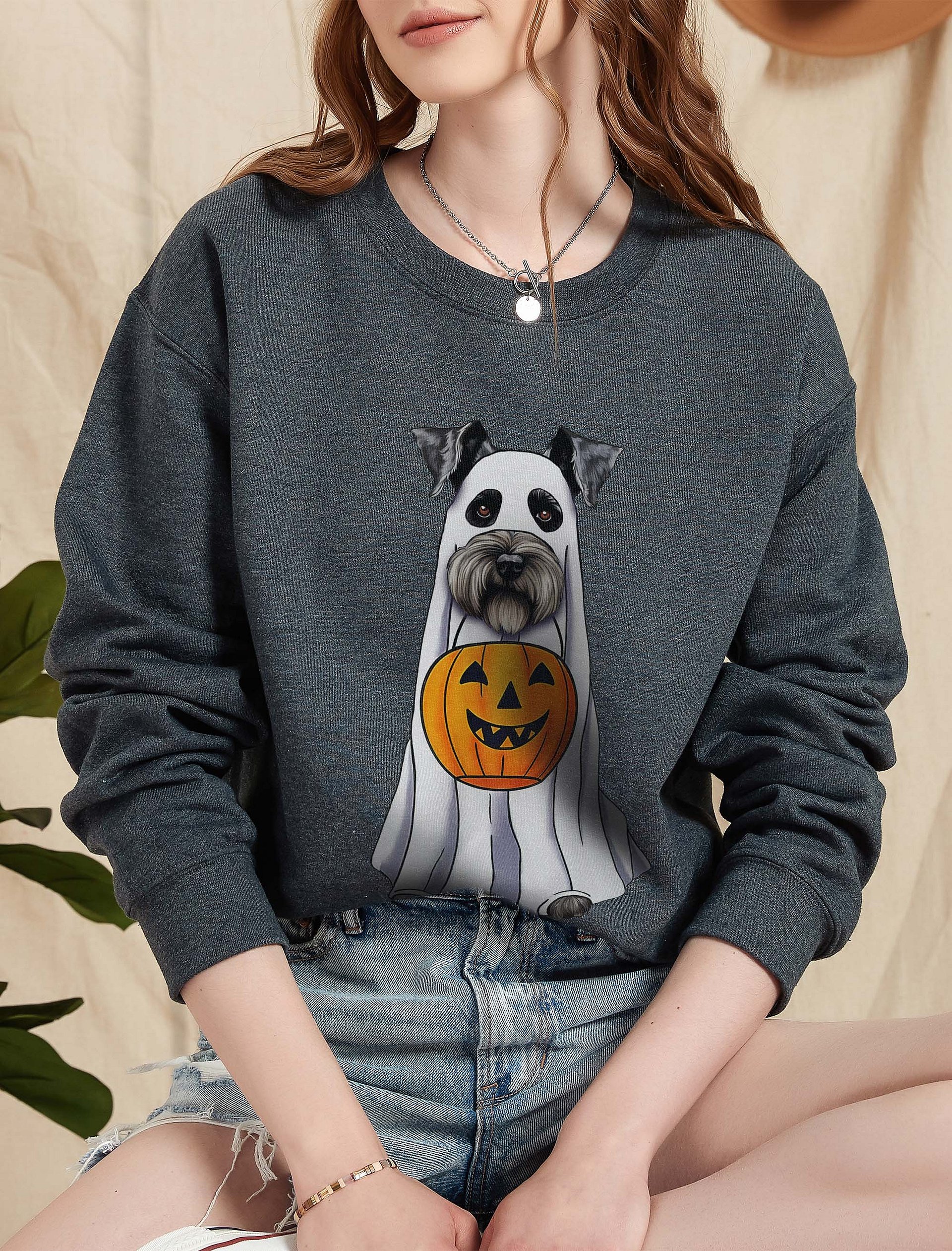 Schnauzer Halloween Sweatshirt | Funny Fall & Halloween Schnauzer Wearing a Ghost Costume with Pumpkin Basket product image (5)