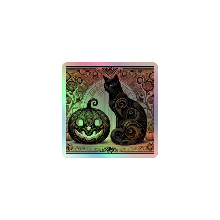 Art Nouveau Black Cat and Carved Pumpkin Vinyl Sticker – Halloween Elegance product image (1)