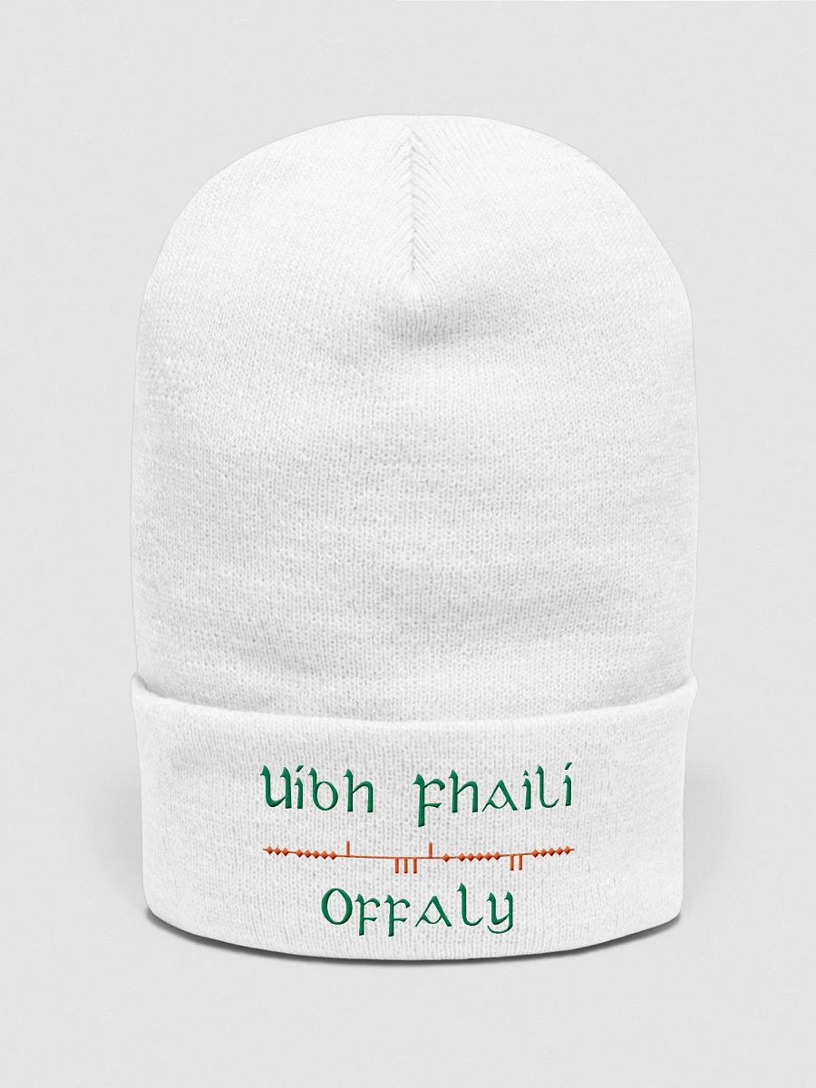 Offaly/Uíbh Fhailí Scholastic style Ogham, white with green and orange, embroidered Cuffed Beanie product image (1)