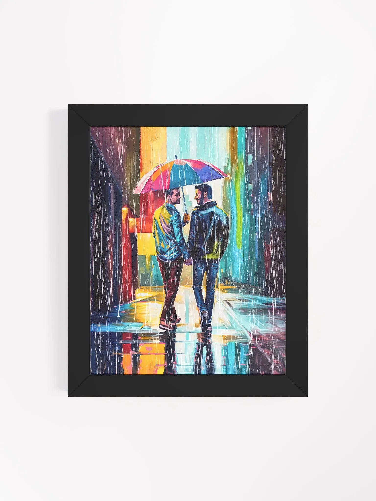 Gay Couple In The Rain – Colorful Two Hearts Studio Framed Print product image (4)