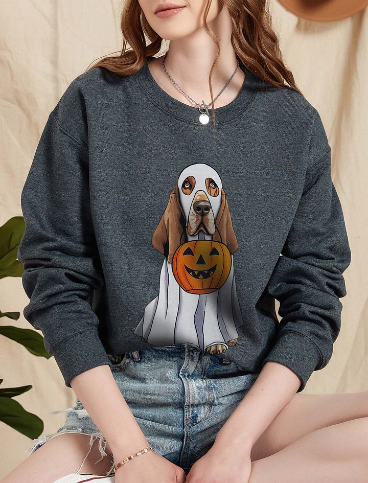 Basset Hound Halloween Sweatshirt | Funny Halloween Basset Hound Wearing Ghost Costume with Pumpkin Basket product image (5)