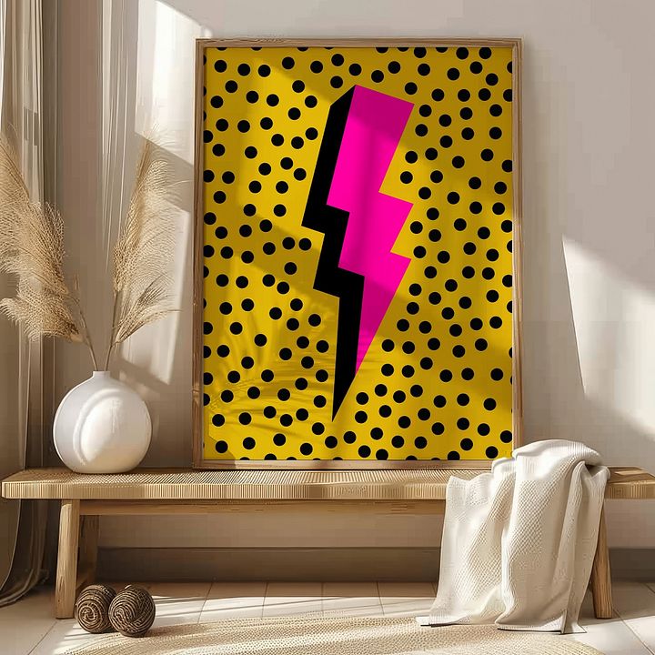 Pink Lightening Bolt on Yellow Dotted Retro Art Print product image (2)