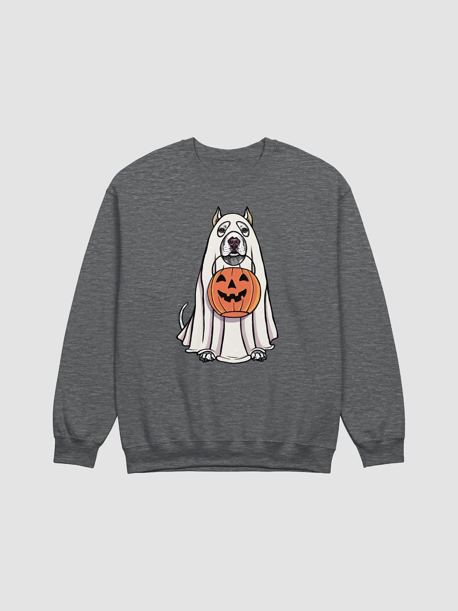 Funny Halloween Pitbull Terrier(Cropped Ears) Sweatshirt | Funny Pittie Wearing a Ghost Costume and Holding a Pumpkin Basket product image (7)