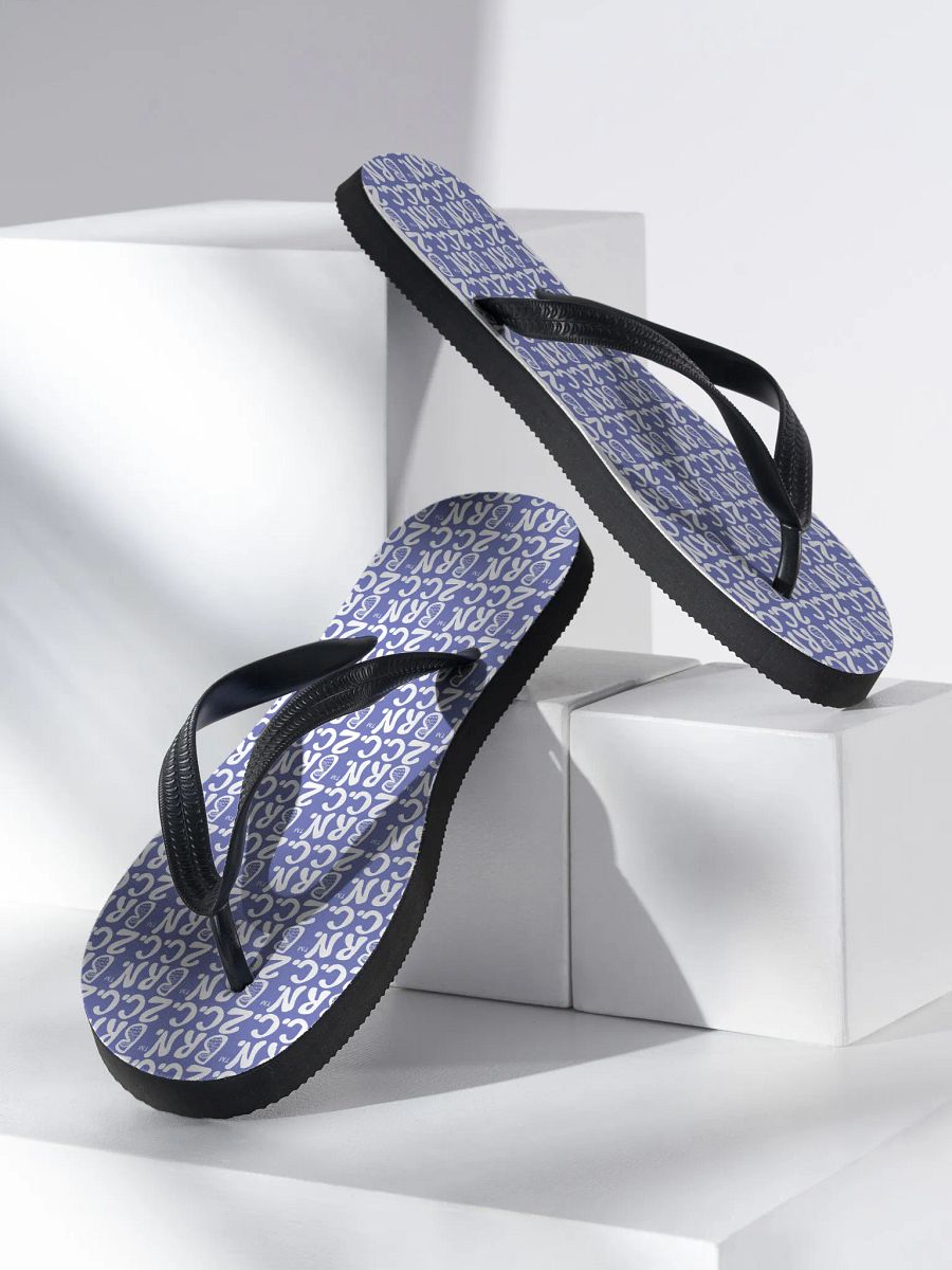 BOURNE to Flip Flop™ | Cape Cod Vibes for Your Soles | Mini BRN.2C.C. Logo Repeat Sandals | White Logo on Slate Blue product image (2)