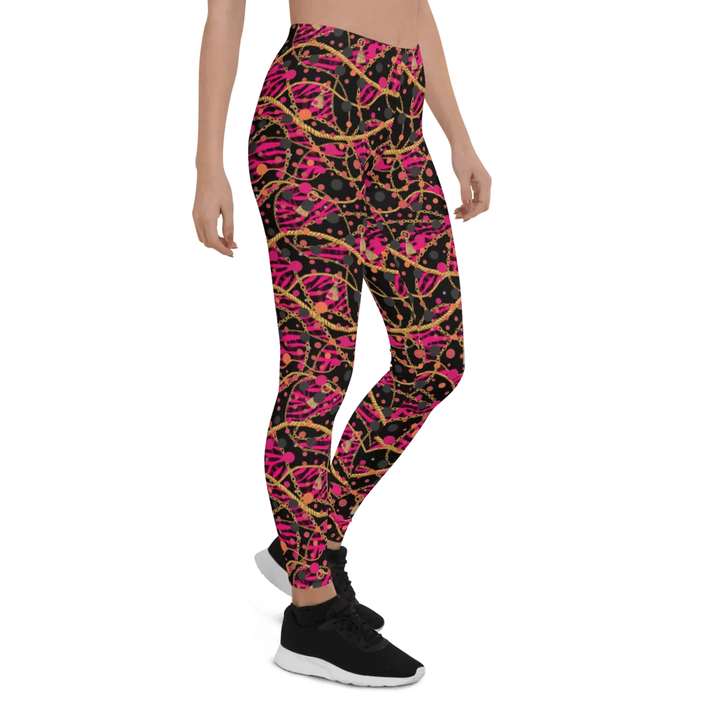 comfortable ladies leggings in funky arty red pink and gold design  on black design for those that  like the unusual. product image (7)