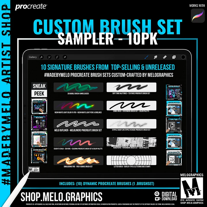 Custom Procreate Brush Set Sampler - 10pk | #MadeByMELO product image (1)