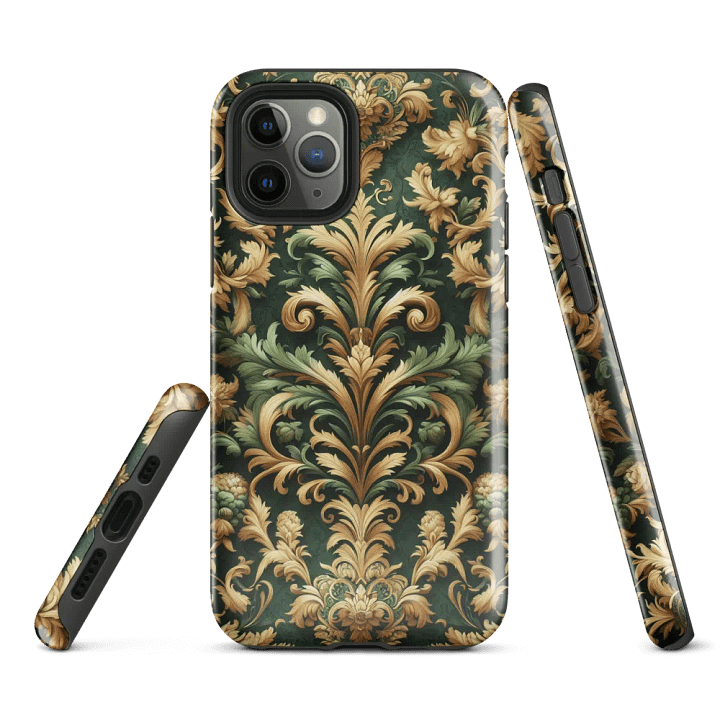 Tough Phone Case for iPhone® - Intricate Green and Gold Rococo Floral Damask Design product image (1)