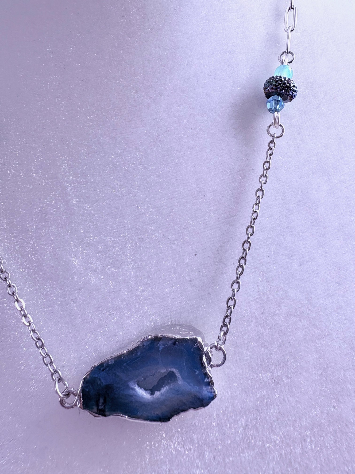 MFD-00267 | Blue Geode Druzy Pendant Necklace with Stainless Steel Link Chain and Paperclip Chain | December Birthstone Inspired | Handmade Jewelry by Monique Faella Designs™ product image (4)