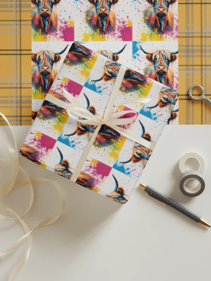 Multi Coloured Paint Splash Highland Cow Wrapping Paper product image (1)