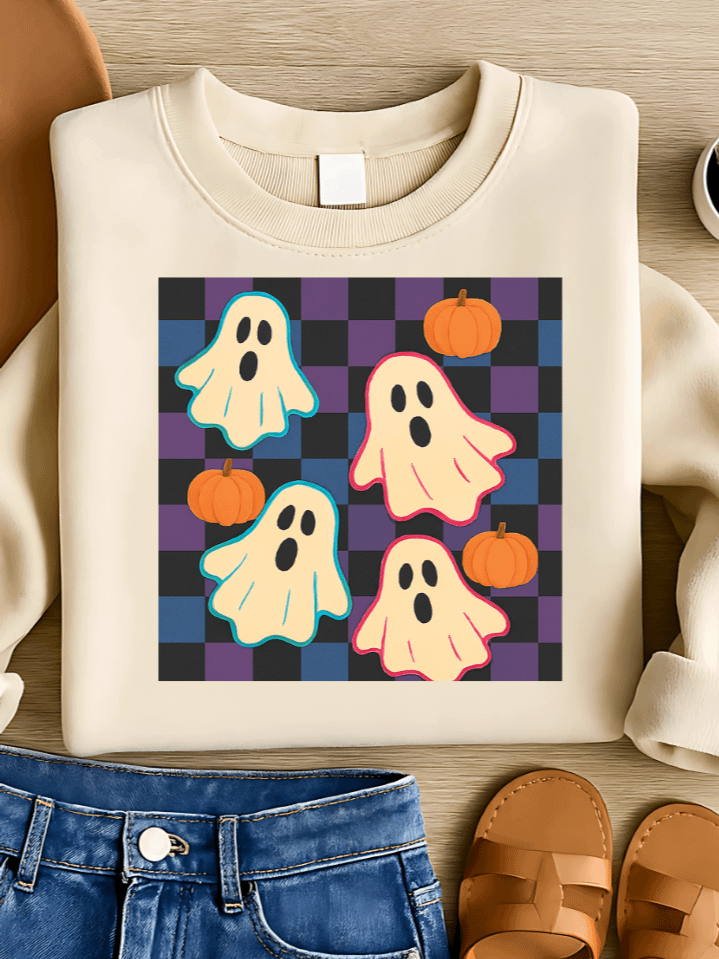 Retro Checkered Ghosts Sublimation PNG – Vintage Halloween Clipart for T-Shirts – 80s Spooky Theme – 300 DPI Instant Digital Download product image (1)
