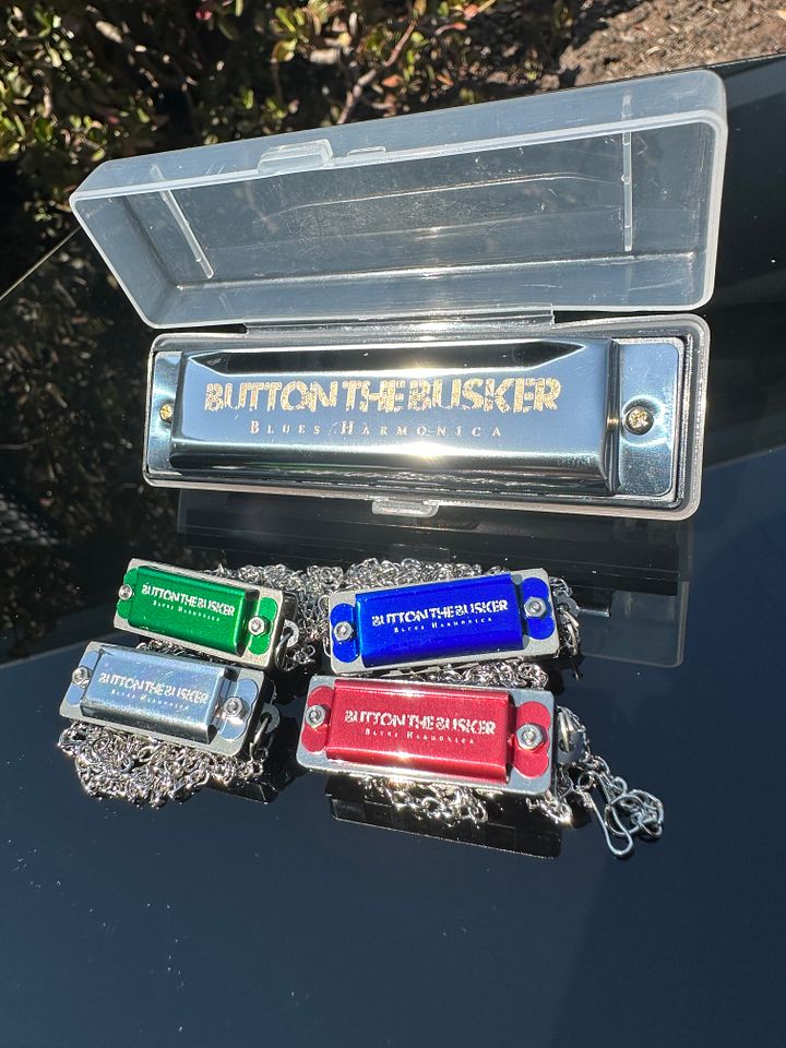 SIGNED Button the Busker Blues Harmonica + 4 Mini Harmonica Keychain/Necklace product image (2)