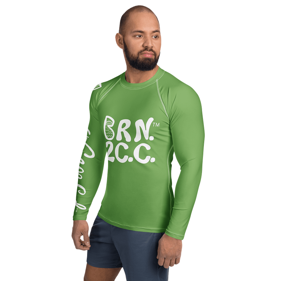 BRN.2C.C.™ /BOURNE to Cape Cod™ | Men’s Long Sleeve Rash Guard | UPF 50+ Active Coastal Shirt | White Logos on Green product image (5)