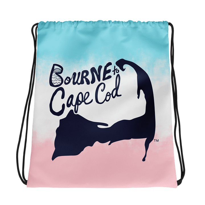 BOURNE to Cape Cod™ | Drawstring Bag | Beach-to-Gym Grab & Go | Coastal Vibe Sackpack Essential | Navy Blue Logo on Patriotic Pastels product image (1)