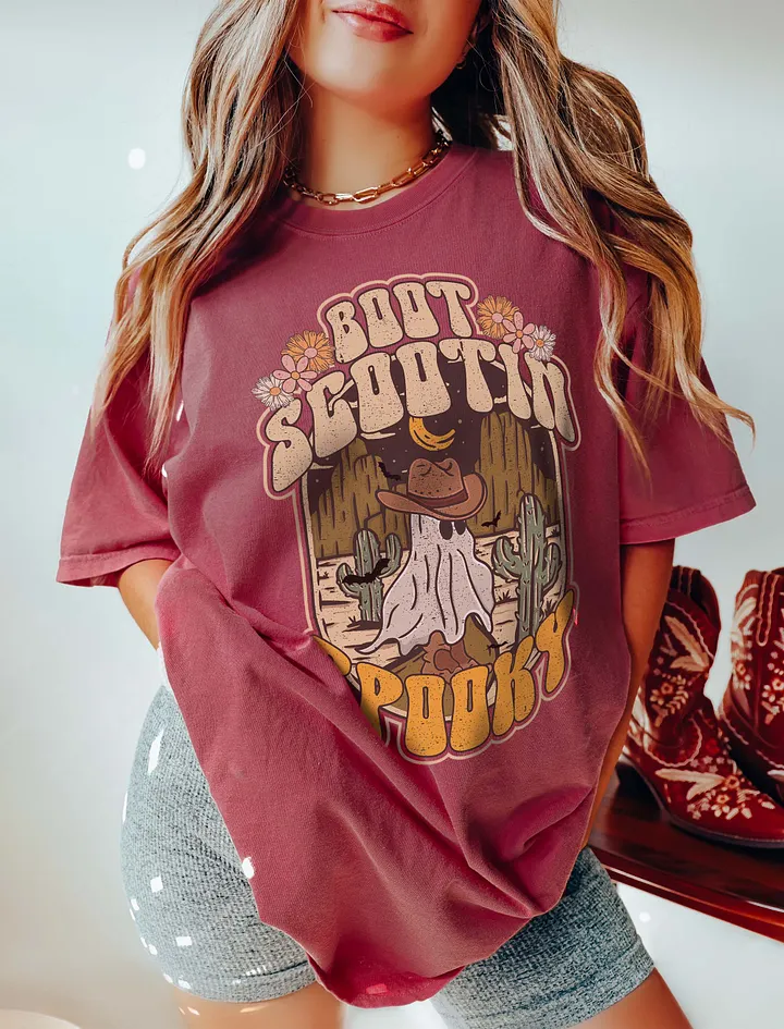 Boot Scootin' Spooky Cowboy Ghost T-Shirt | Funny Western-Themed Fall and Halloween T-Shirt Design product image (5)