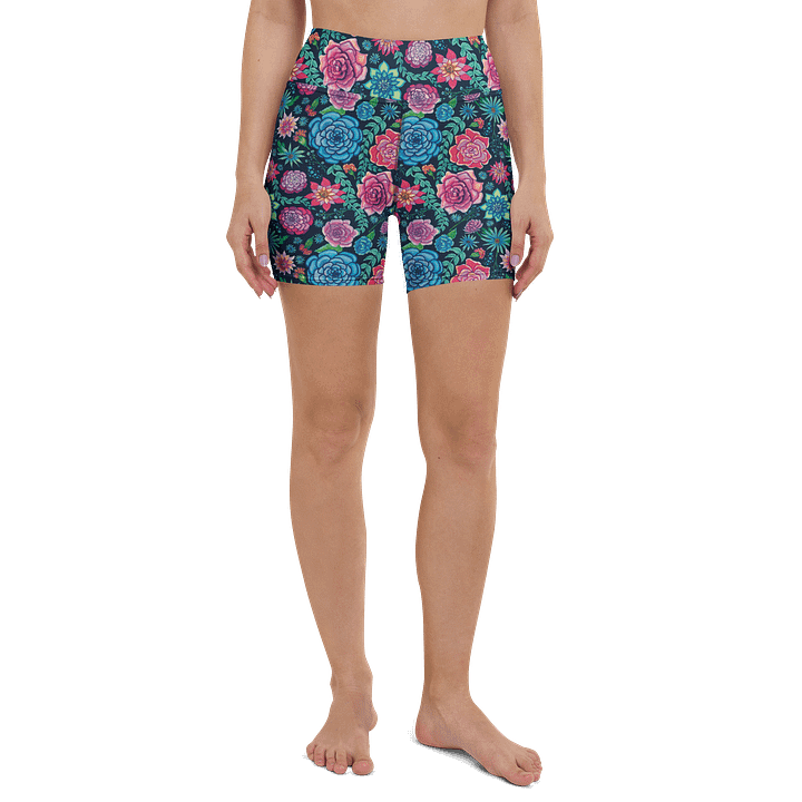 Bold Blooms on Dark Blue | All-Over Print Yoga Shorts | with Inside Pocket | MONIQUE FAELLA DESIGNS™ | Beachy & Bold Activewear | product image (2)
