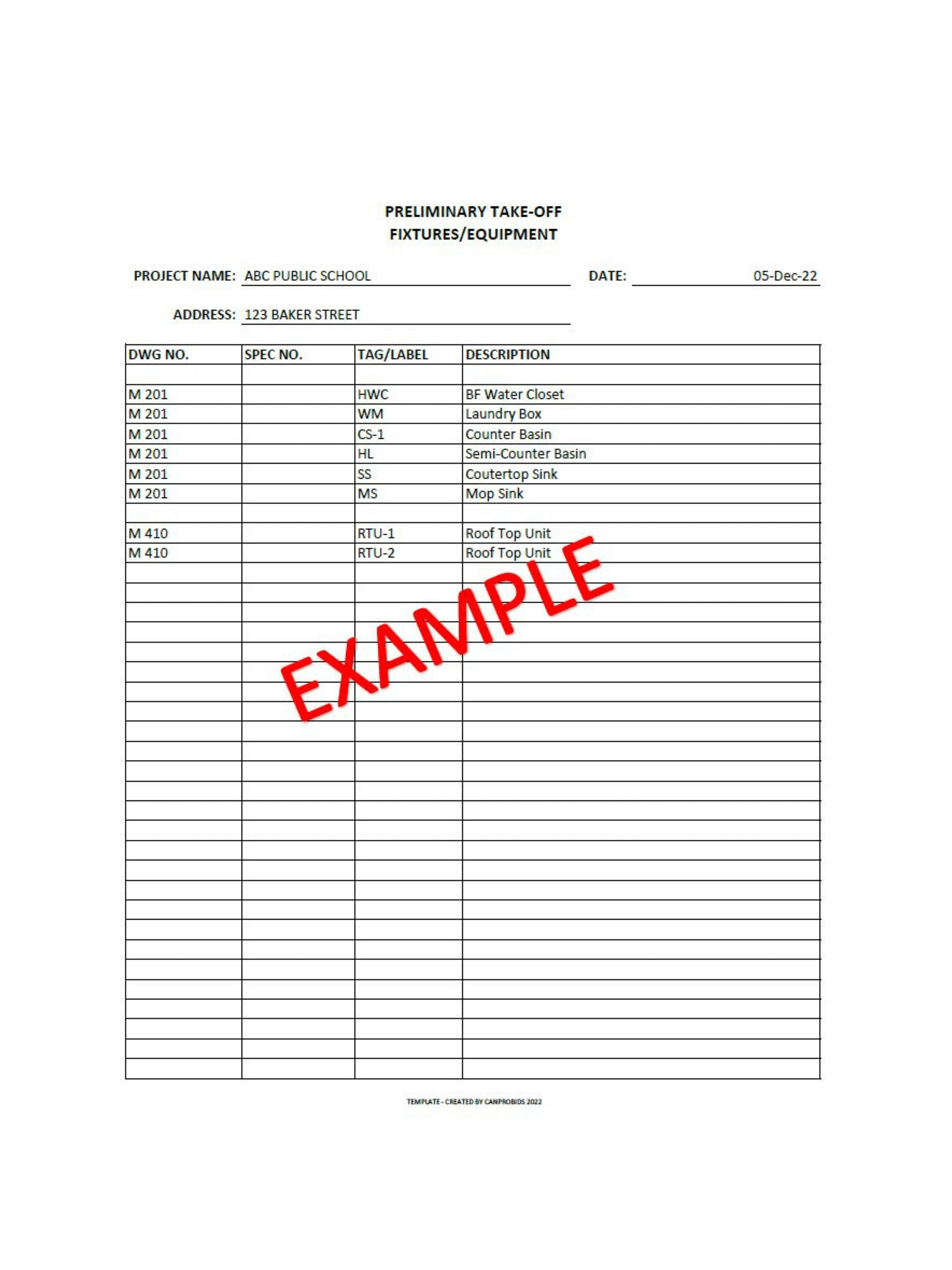 Preliminary Take-Off - Fixtures & Equipment - PDF Print product image (2)