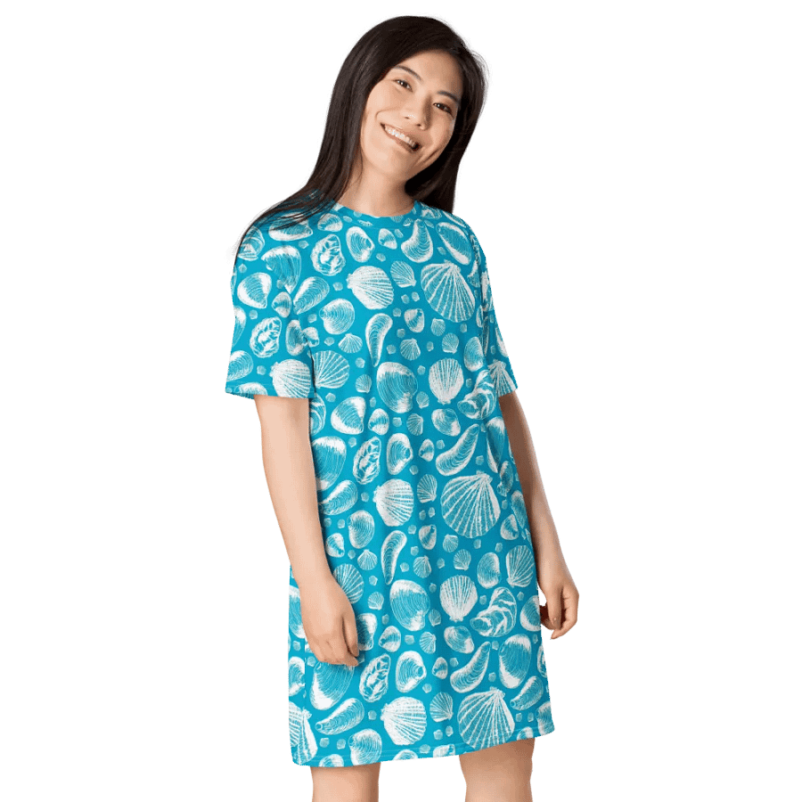 Women's | New England Tidal Treasures | T-Shirt Dress | Seashell Print, Oversized & Comfy | White on Cyan Blue product image (4)