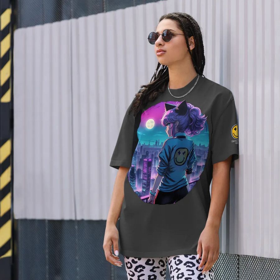 Anime Catgirl Rooftop (AS Colour Premium Oversized Faded T-Shirt) product image (11)