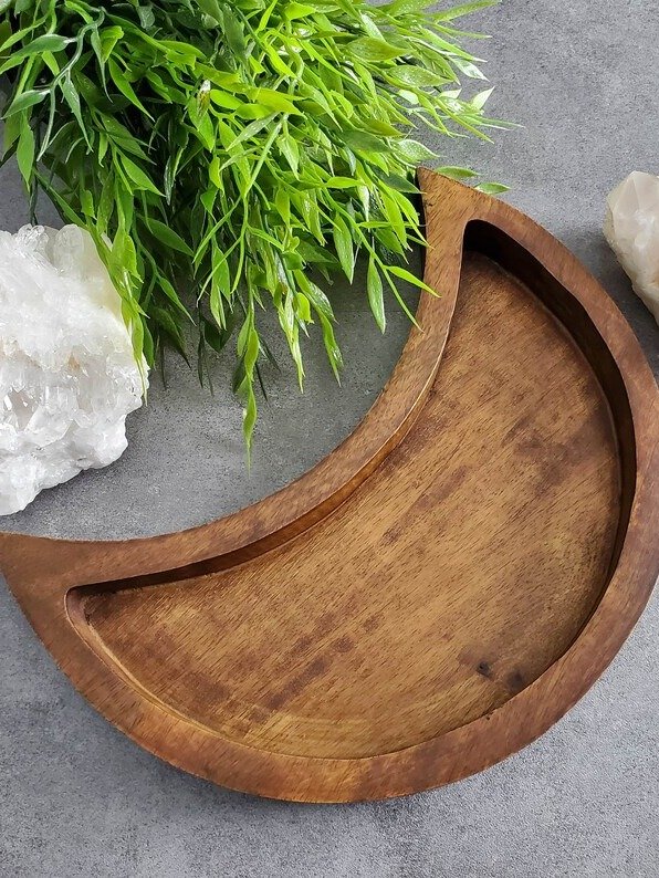 10" Crescent Moon Wooden Display Tray – Crystal Holder • Spiritual Home Decor • Altar & Jewelry Organizer product image (2)