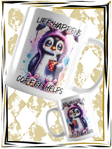 Funny Penguin Coffee Mug – Cute Pajama Penguin Tea Cup – “Life Happens Coffee Helps” – Gift for Coffee Lovers, Penguin Gifts, Cute Animal Mug product image (1)