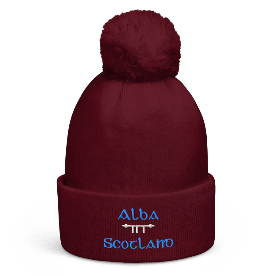 Scotland/Alba Scholastic style Ogham, Blue and white, embroidered Pom-Pom Beanie product image (3)