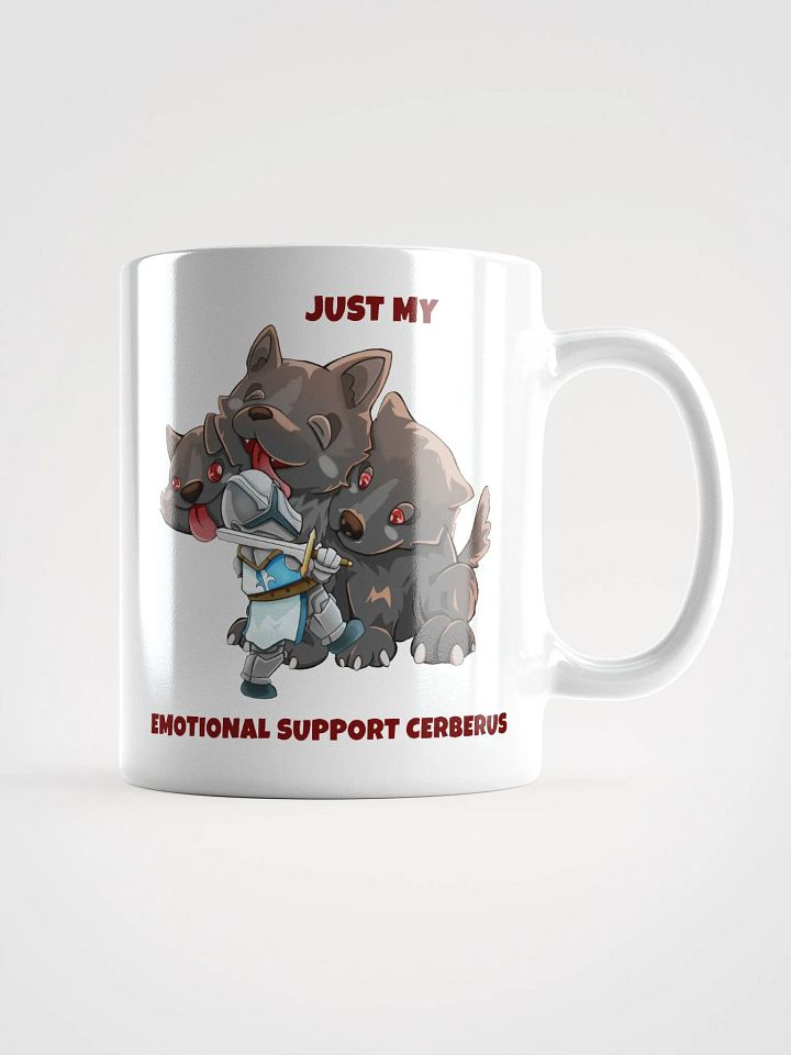 Emotional support Cerberus & Knight white ceramic mug 11oz 15oz 20oz for gamers and dog lovers product image (1)