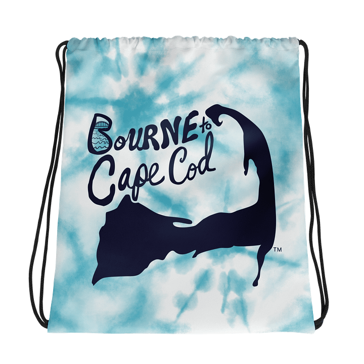BOURNE to Cape Cod™ | Drawstring Bag | Beach-to-Gym Grab & Go | Coastal Vibe Sackpack Essential | Navy Blue Logo on Blue Tie-Dye product image (1)