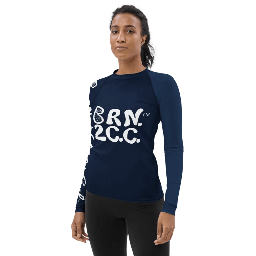 BOURNE to Cape Cod™ | Women's Rash Guard | BRN.2C.C.™ | White Logos on Navy Blue product image (3)