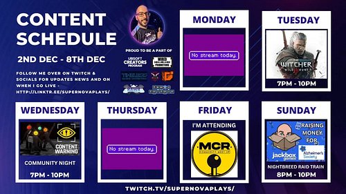 Here's my schedule for this week! 

Tues - 7 - 10pm - #Witcher3 
Wed - 7 - 10pm - #contentwarning community night
Sun - 8 - 1...