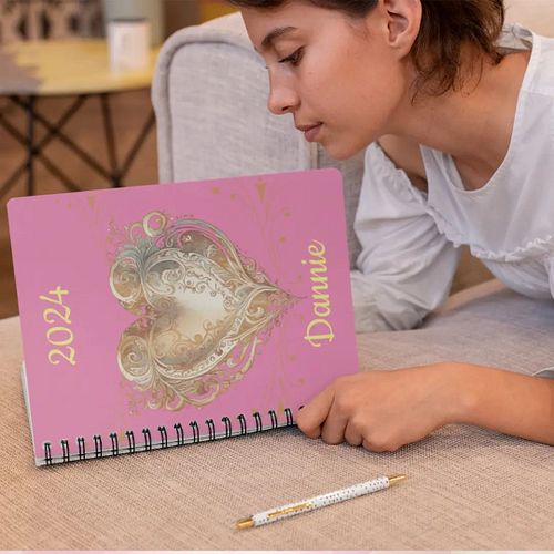 Stay organized this year with this pretty Pink & Gold custom 2024 Planner. The text and picture can be customized to your lik...