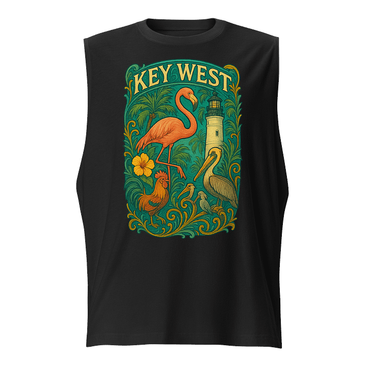 Key West Tropical Men's Tank Top with Flamingo, Pelican, Rooster, Lighthouse, and Hibiscus product image (1)