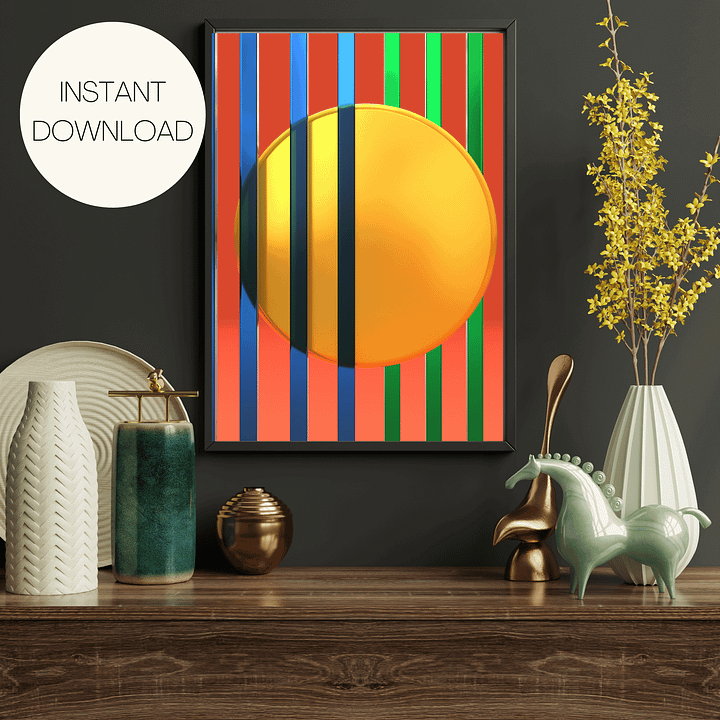 Minimalist 3D Digital Art | Blue and Green Lines Gold Circle on Orange Background product image (1)