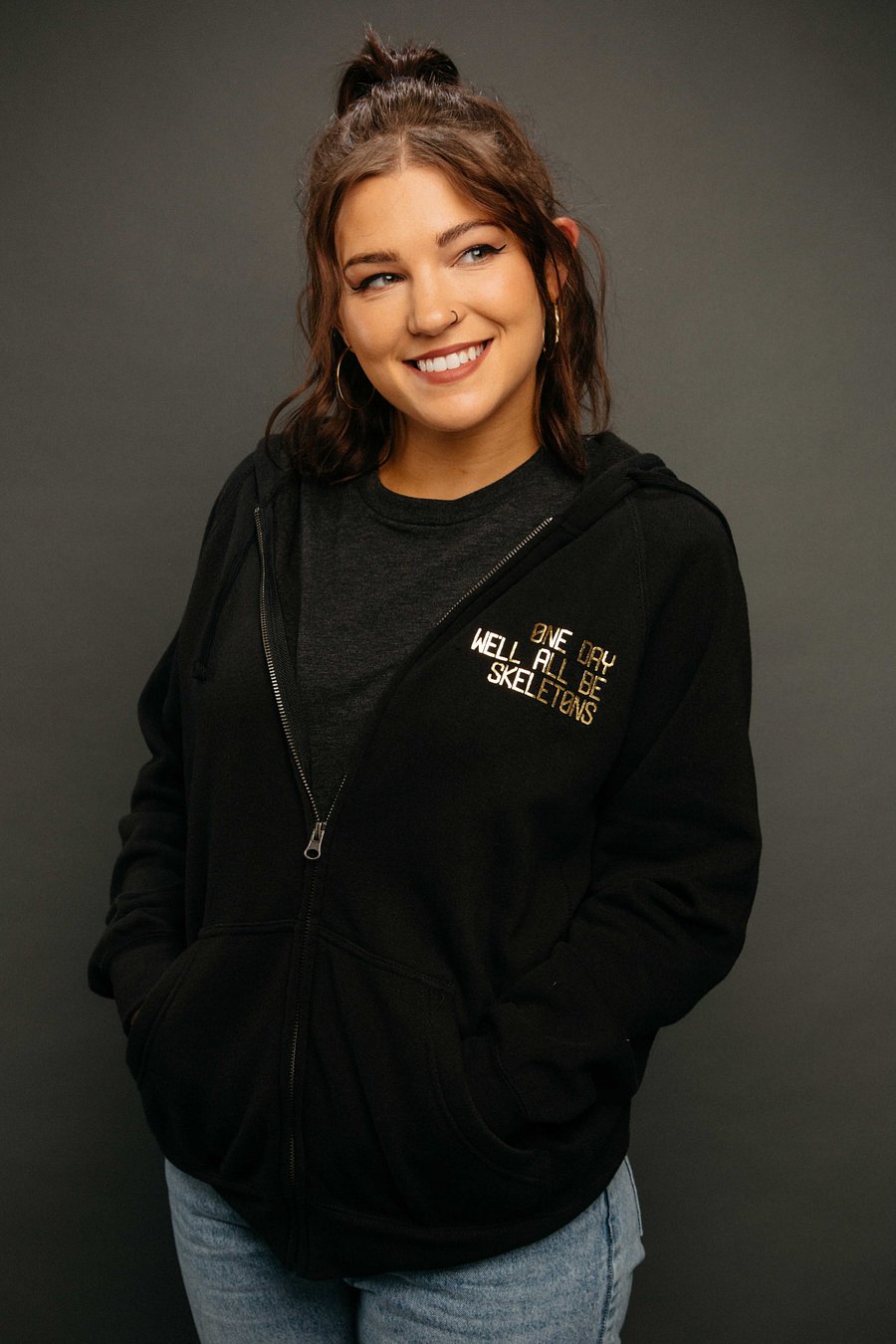 ONE DAY WE'LL ALL BE SKELETONS ZIP HOODIE - BLACK product image (2)