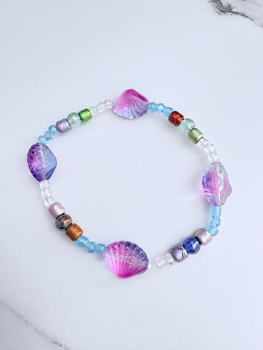 Handmade 8" Glass Seashell Bead Bracelet | Coastal Charm Jewelry by Monique Faella Designs™ | MFD-00064 product image (1)
