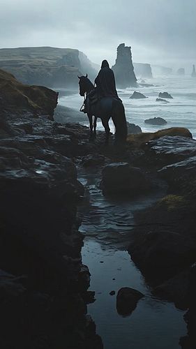 The hooded rider halts upon the jagged shore, where the whispers of the sea meet the murmurs of ancient rock. Waves crash aga...