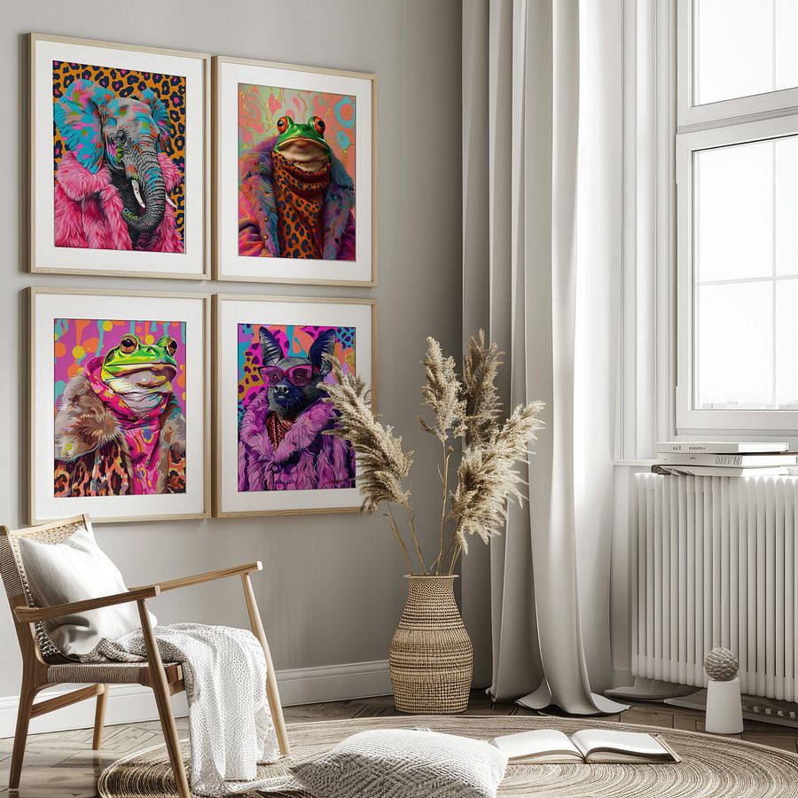 Anthropomorphic Animal Fashion Art DIGITAL Print Set of 6 ~ Frog, Toad, Highland Cow, Hedgehog, Bat, Elephant ~ product image (3)