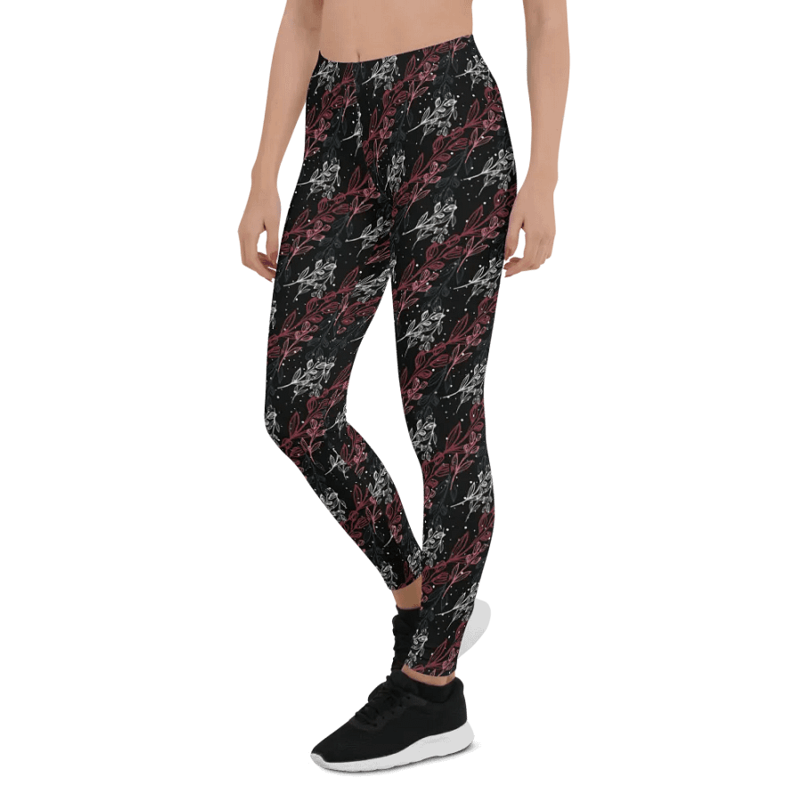 Dark Leggings in unusual diagonal red apricot design on black design with slight sparkle. Ideal for that special event or daily workouts product image (6)