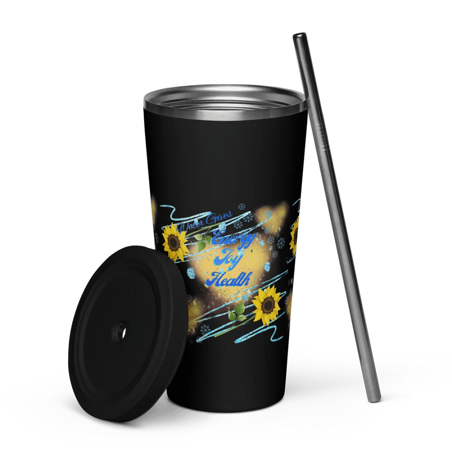 Insulated Tumbler with straw with beautiful swirly  water drop splash and drops design, featuring ‘This water gives Harmony in Body and Mind