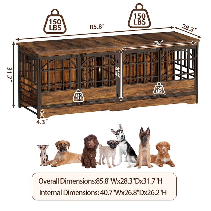 86 Inch Double Dog Crate Furniture for 2 Large Dogs, Decorative Dog Kennel Indoor TV Stand, Heavy Duty Wooden Dog Cage for Large Medium Dogs Sized Dog Pet House with Divider (Brown) product image (2)